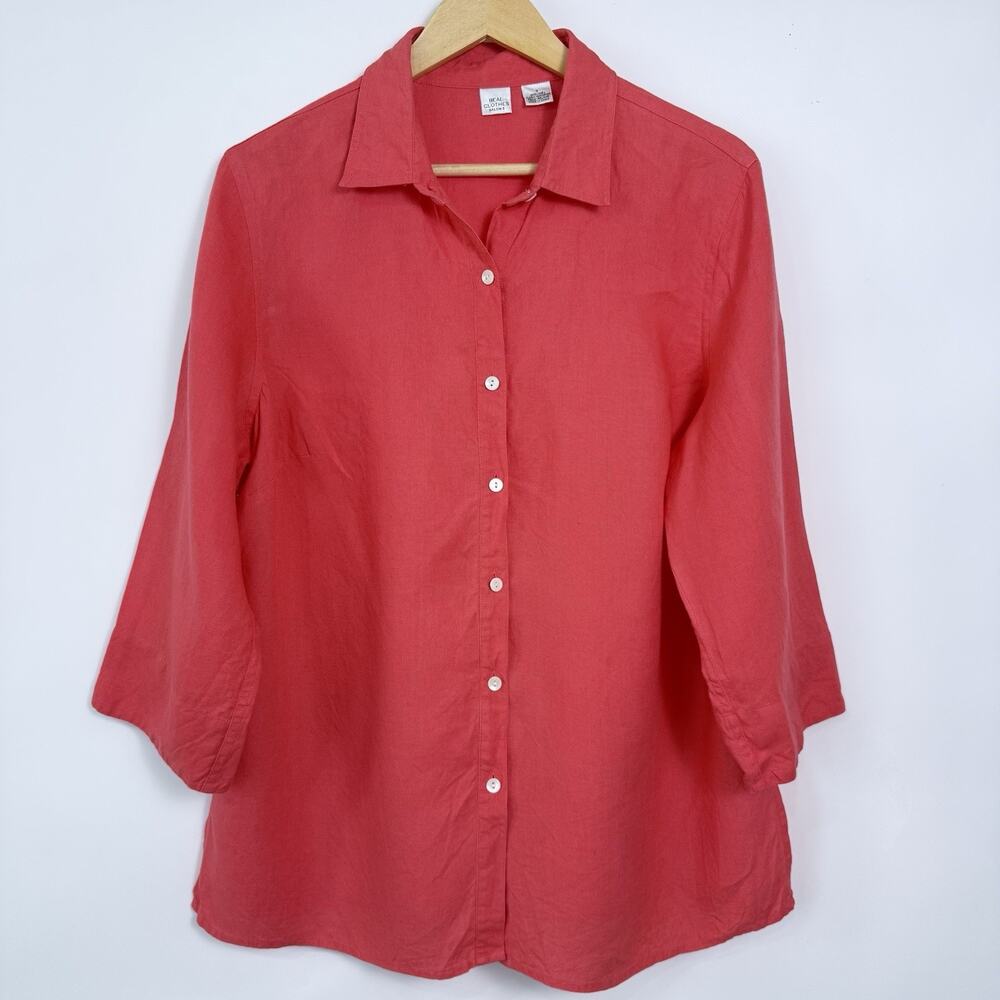 Real Clothes Salon Z Linen Button Up‎ Shirt Womens Size 14 Coral 3/4 Sleeves